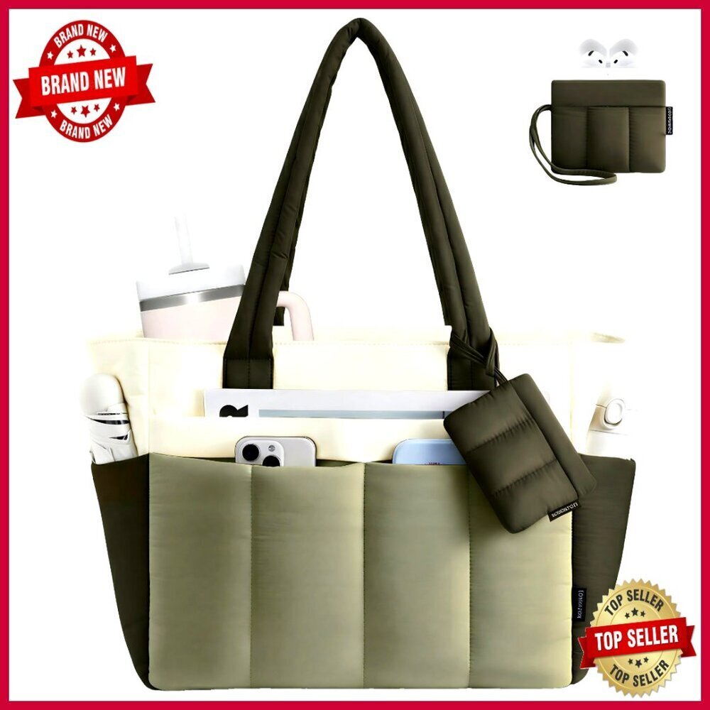 Puffer Tote Bag with Zipper 15.6 Inch Laptop Compartment 14 Pockets